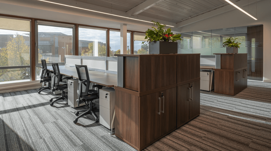 Image shows tidy desks as part of fitout created by Ben Johnson Interiors